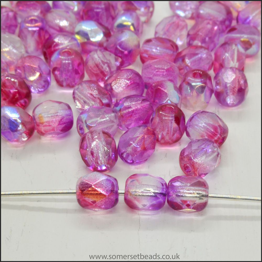 Czech Glass Faceted Fire Polished Beads 4mm Pink Mix AB