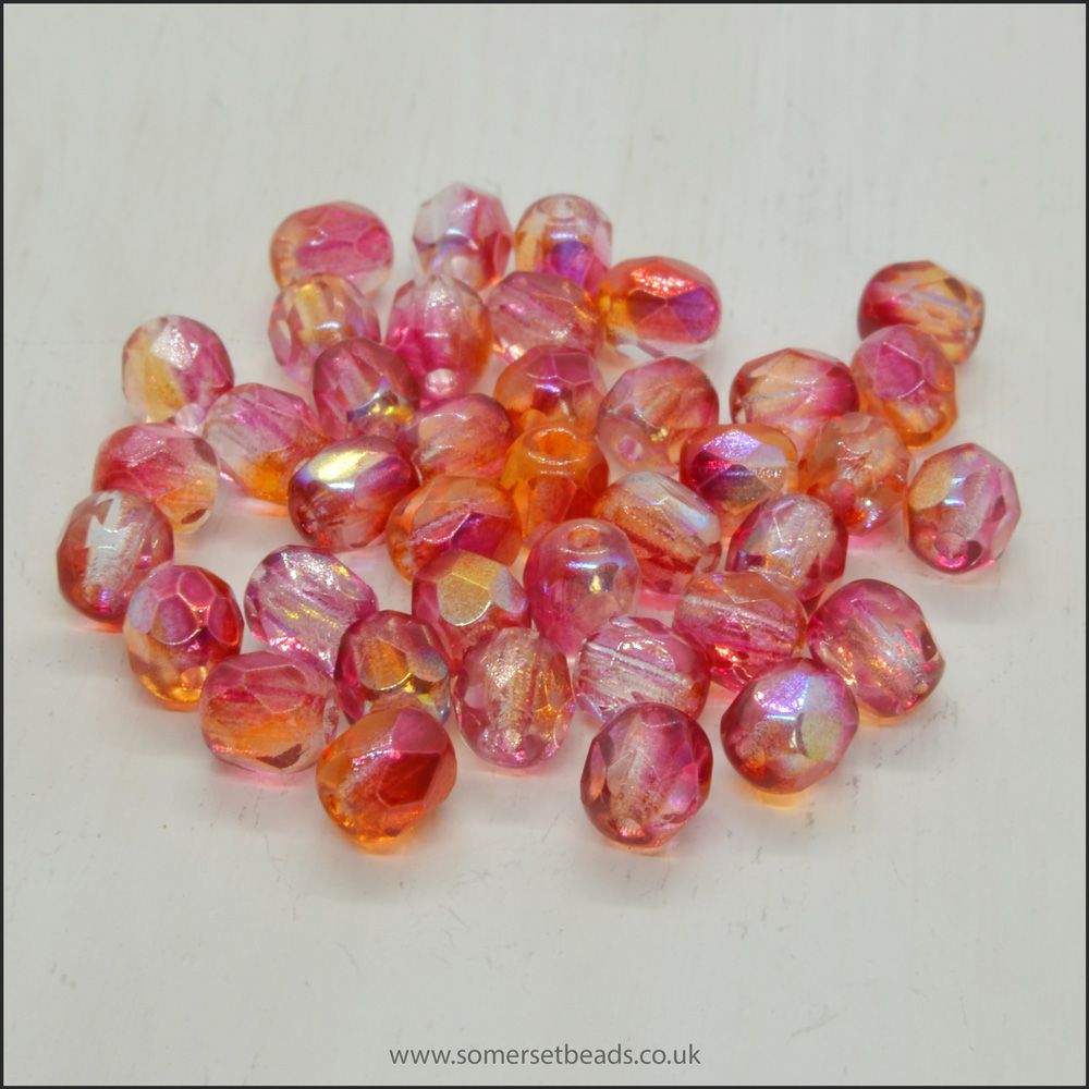 Czech Glass Faceted Fire Polished Beads 4mm Rhubarb & Custard AB Mix