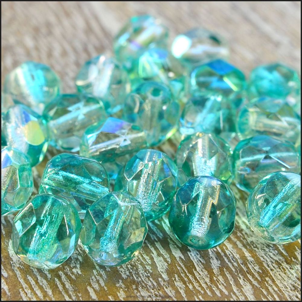Czech Glass Faceted Fire Polished Beads 6mm Crystal Turquoise AB