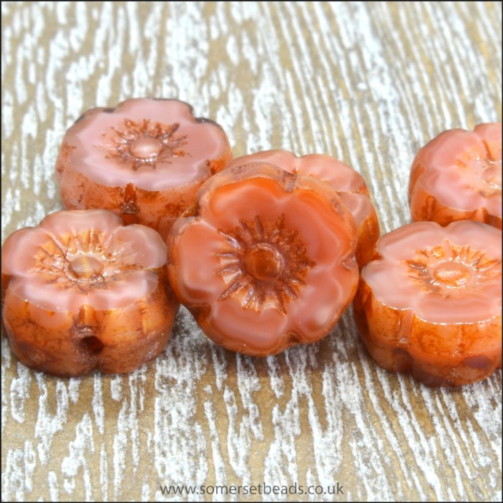 Mini Czech Table Cut Picasso Flower Beads - Opaque Salmon - 8mm