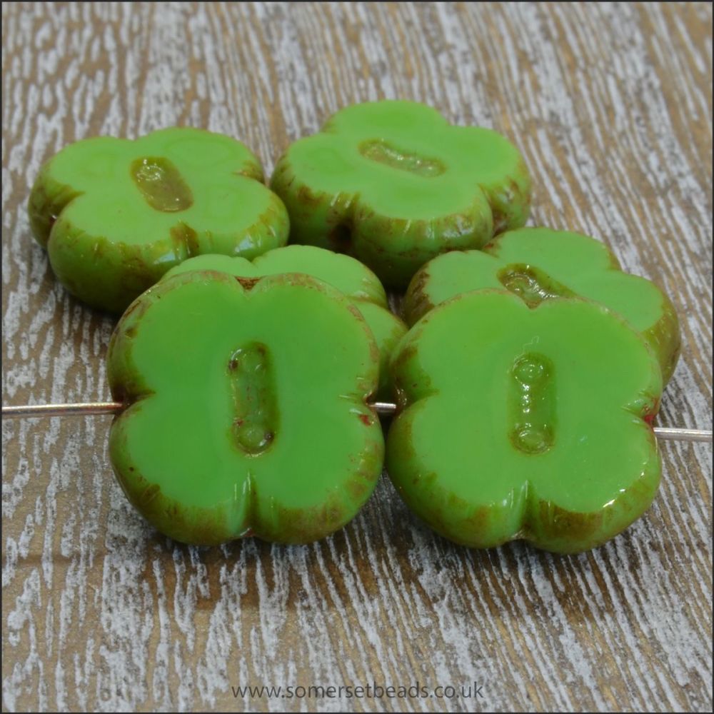 Czech Glass Table Cut Picasso 4 Petal Flower Beads - Apple Green