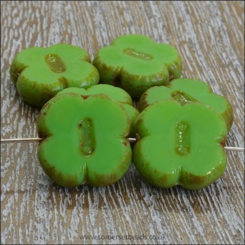 Czech Glass Table Cut Picasso 4 Petal Flower Beads - Apple Green