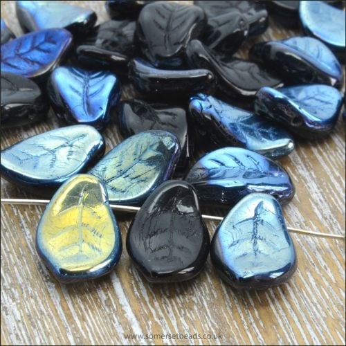 Czech Glass Pressed Curved Leaf Shaped Beads - Black AB.