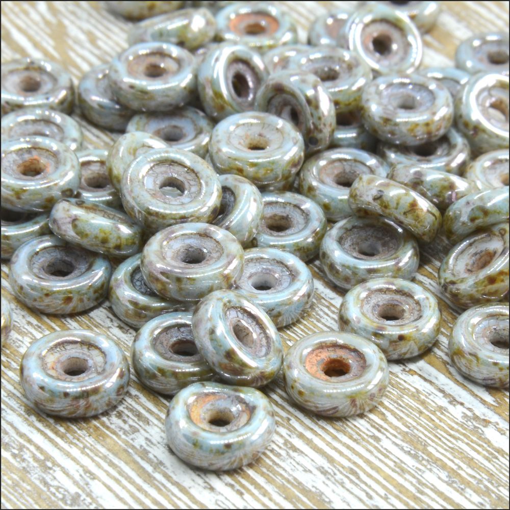 Czech Glass Wheel Beads 6mm White Blue Luster Picasso 10g