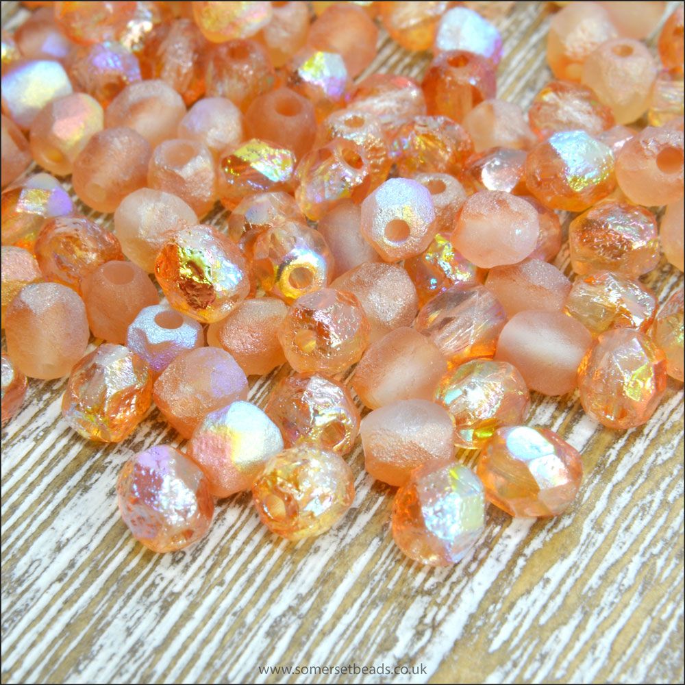 Czech Glass Faceted Fire Polished Beads 4mm Etched Crystal Orange Rainbow