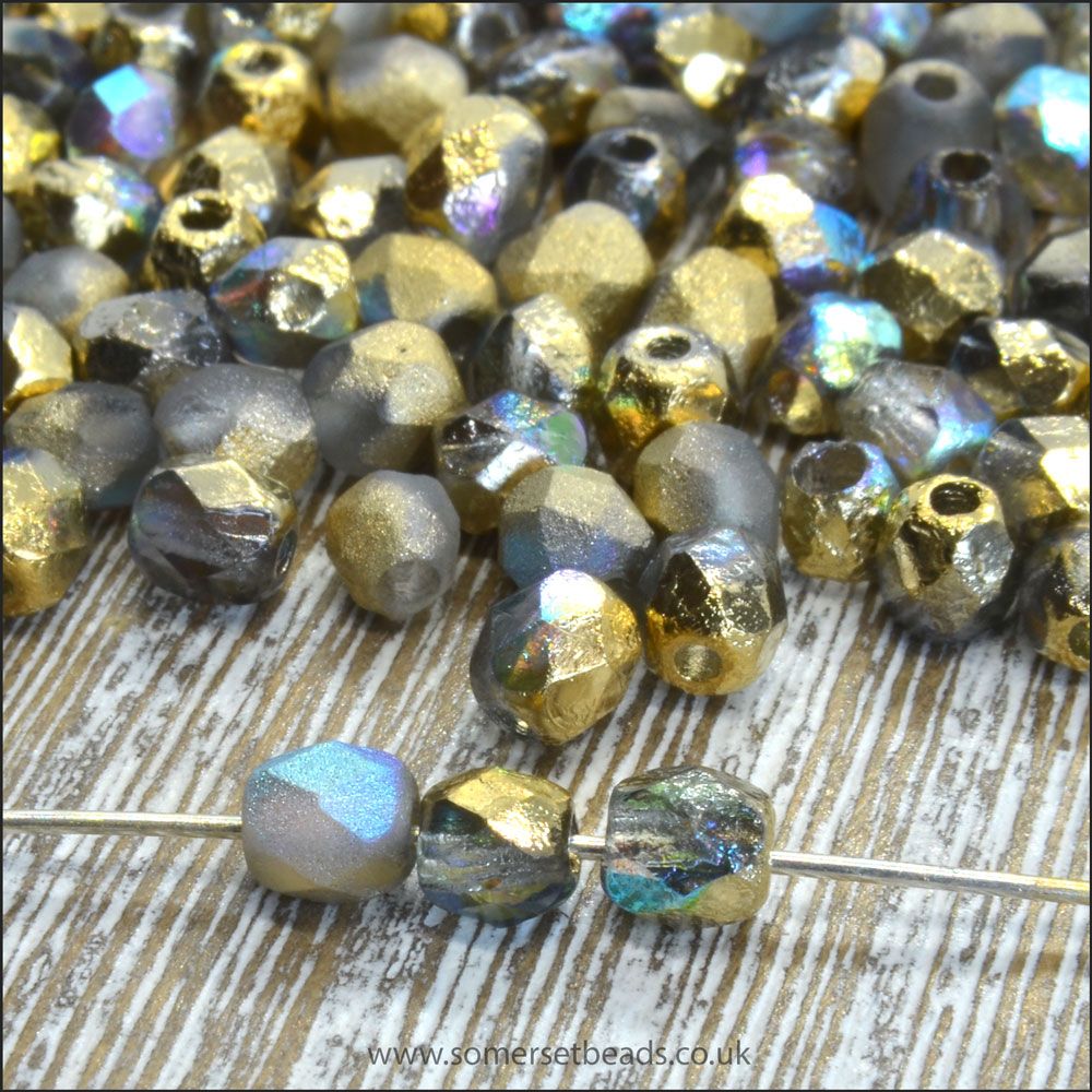 Czech Glass Faceted Fire Polished Beads 4mm Etched Crystal Golden Rainbow