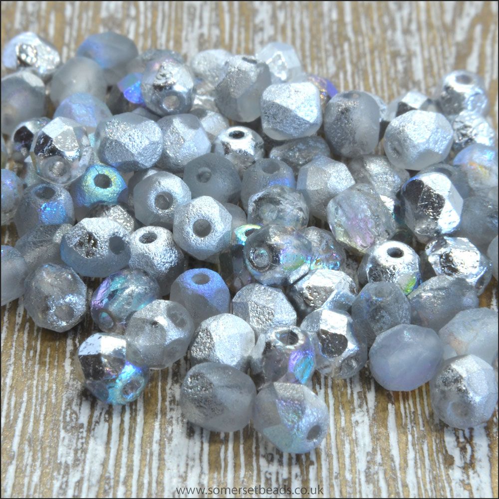 Czech Glass Faceted Fire Polished Beads 4mm Etched Crystal Silver Rainbow