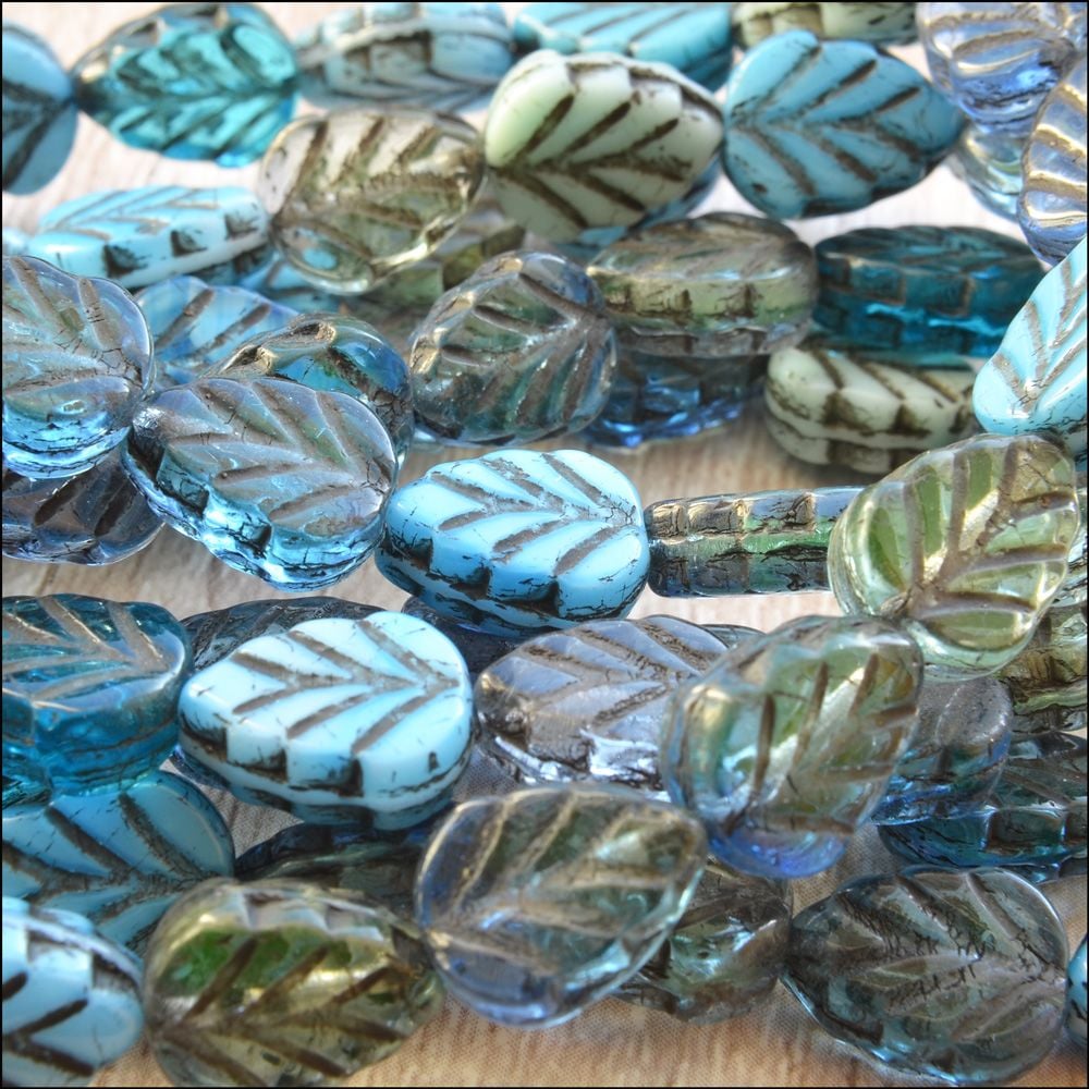 Czech Glass Pressed Leaf Beads 10mm x 8mm Blue Mix