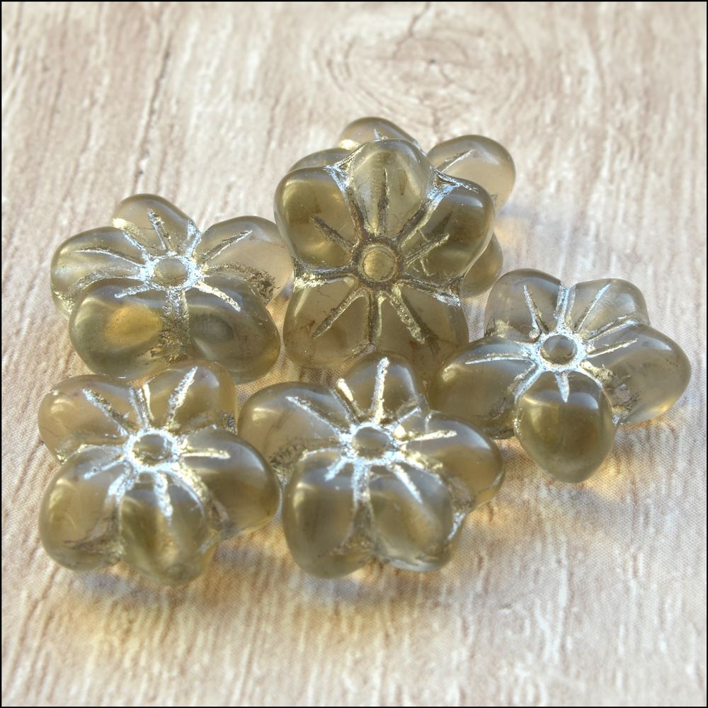 Czech Glass Pressed Puffy Flower Bead - Smokey Antique Silver