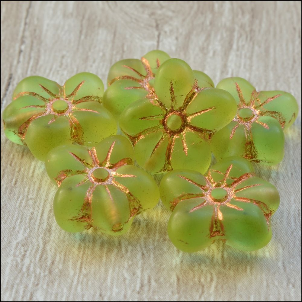 Czech Glass Pressed Puffy Flower Bead - Green Antique Gold