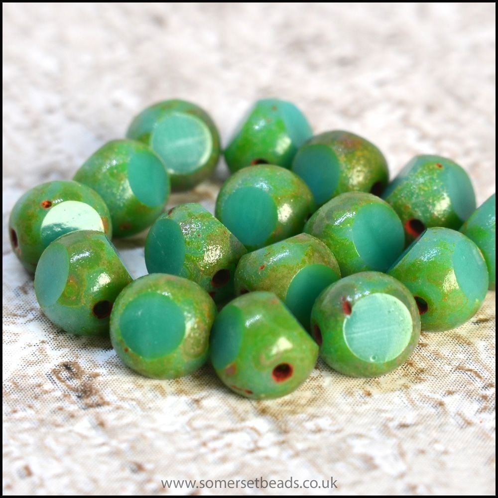 9mm Picasso Green Bicone beads Rustic czech glass carved aged beads 2898 15Pc