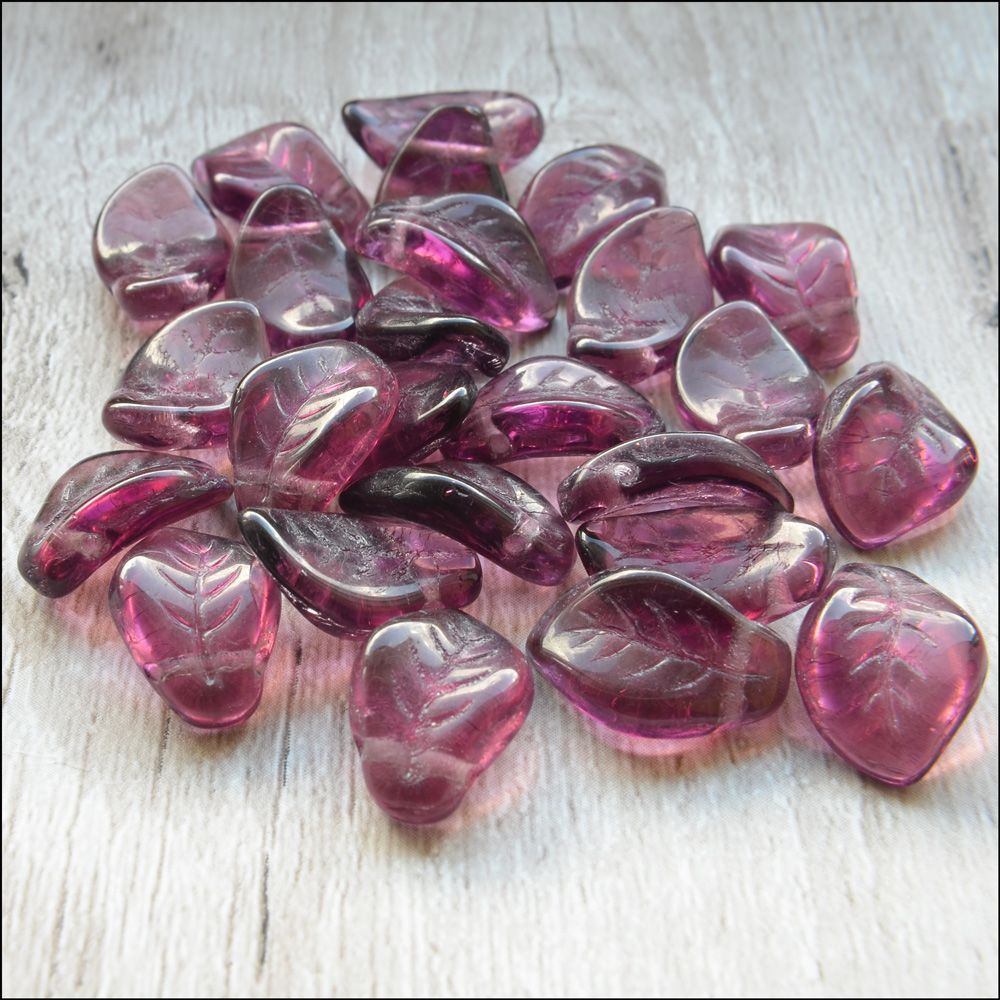 Czech Glass Pressed Twisted Leaf Shaped Beads - Purple.