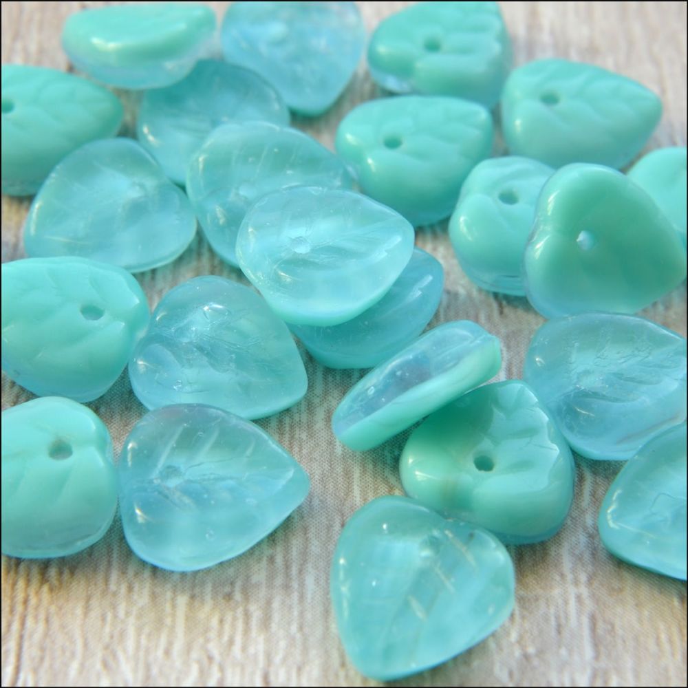 Czech Glass Pressed Leaf Shaped Beads - Blue Opal