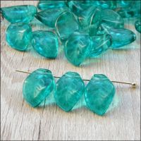  Czech Glass Pressed Twisted Leaf Shaped Beads - Teal 