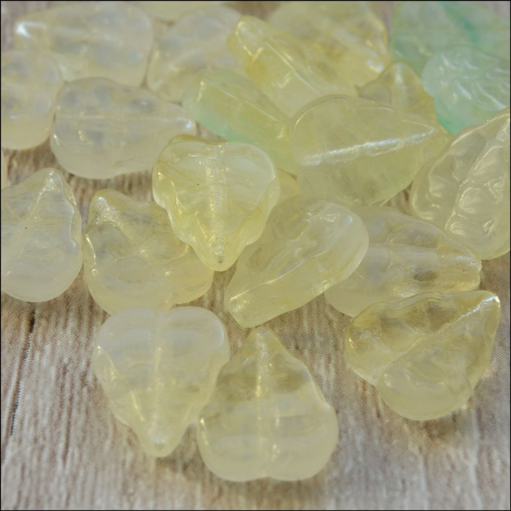 Czech Pressed Glass Lemon Leaf Beads 10mm x 9mm.