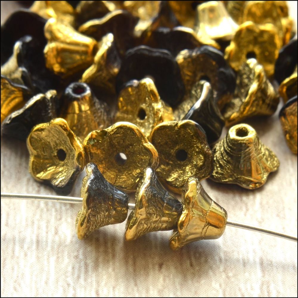 Czech Glass Flower Cup Beads - Jet Amber ,Black & Gold