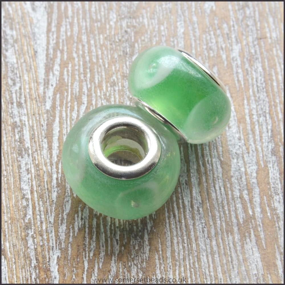 Green and White Glass European Charm Bead