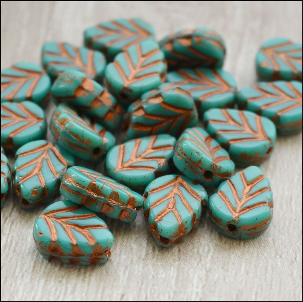 Czech Glass Pressed Leaf Beads 10mm x 8mm Turquoise & Copper