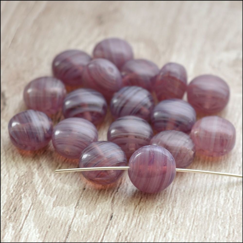 Czech Glass Puffy Disc Beads 9mm - Purple Swirls