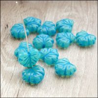 Czech Glass Pressed Maple Leaf Beads 11mm x 13mm Aqua Blue