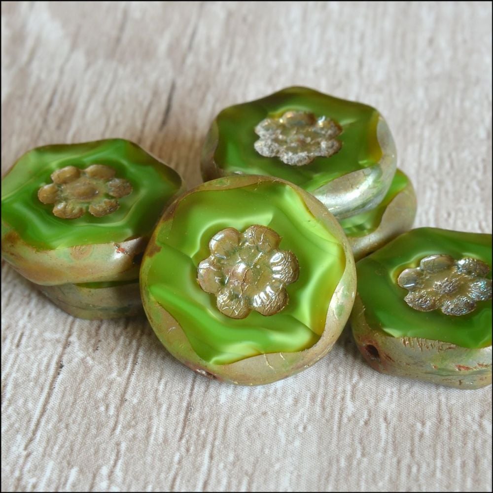 Czech Glass Green Marbled Flower Coin Beads 15mm