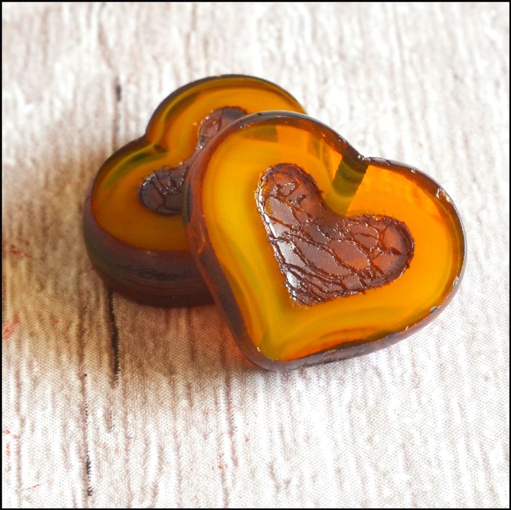 Czech Glass Picasso Heart Window Bead -  Opaque Orange