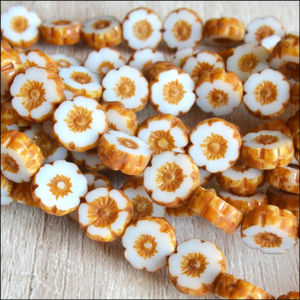 Mini Czech Table Cut Picasso Flower Beads - Ivory- 8mm