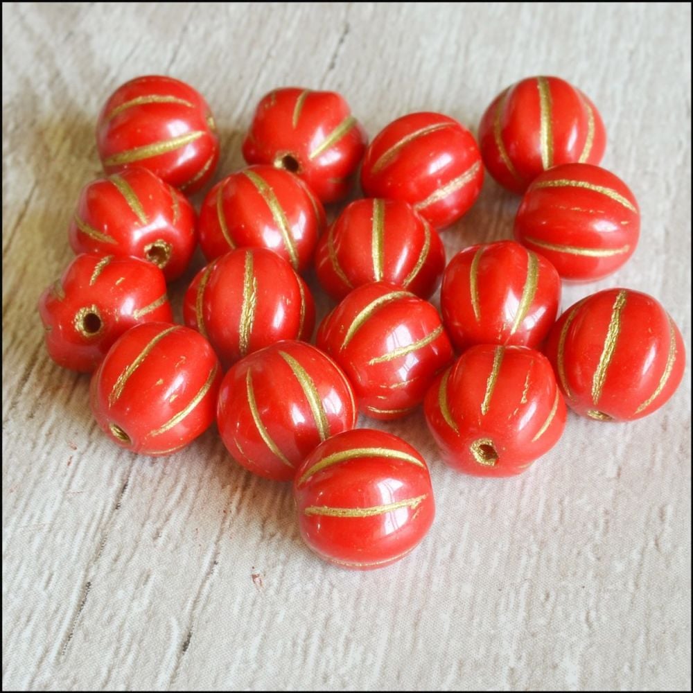 8mm Czech Glass Red & Gold Melon Beads
