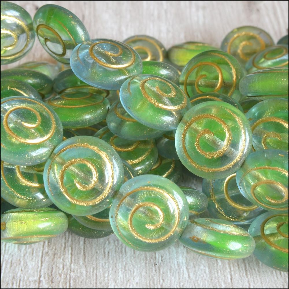 Czech Glass Spiral Coin Beads - Green Blue Mix  13mm