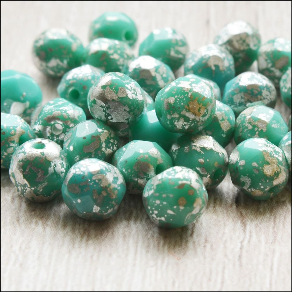 Czech Glass Faceted Fire Polished Beads 6mm Aqua & Silver