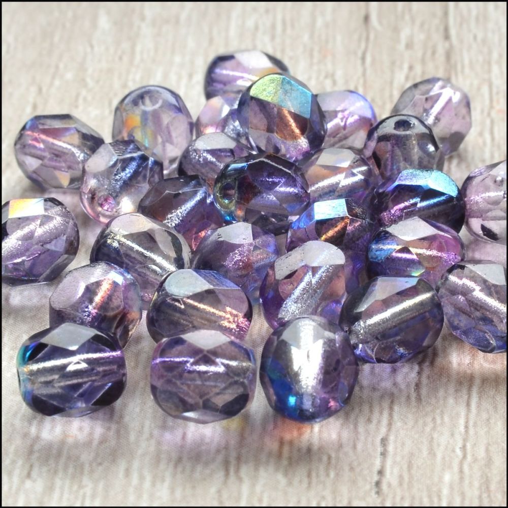 Czech Glass Faceted Fire Polished Beads 6mm AB Purple Mix