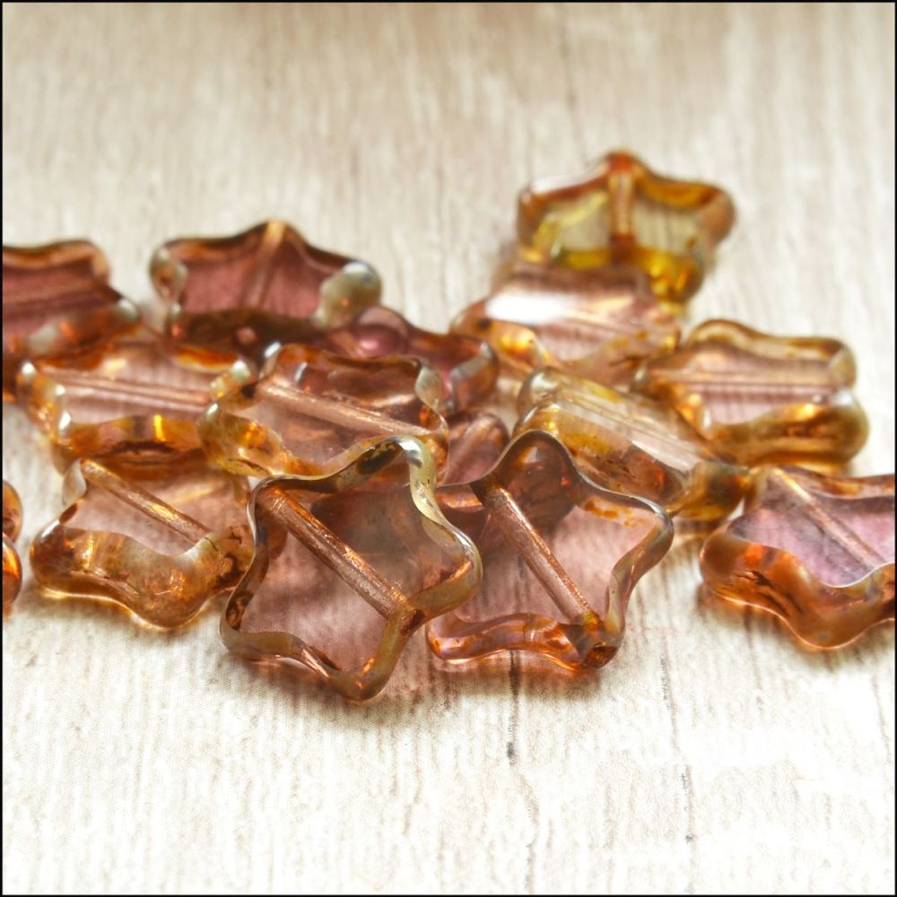 12mm Czech Glass Table Cut Star Beads  Purple Mix
