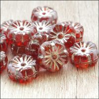 Czech Glass Hawaiian Flower Beads 10mm - Red & Silver
