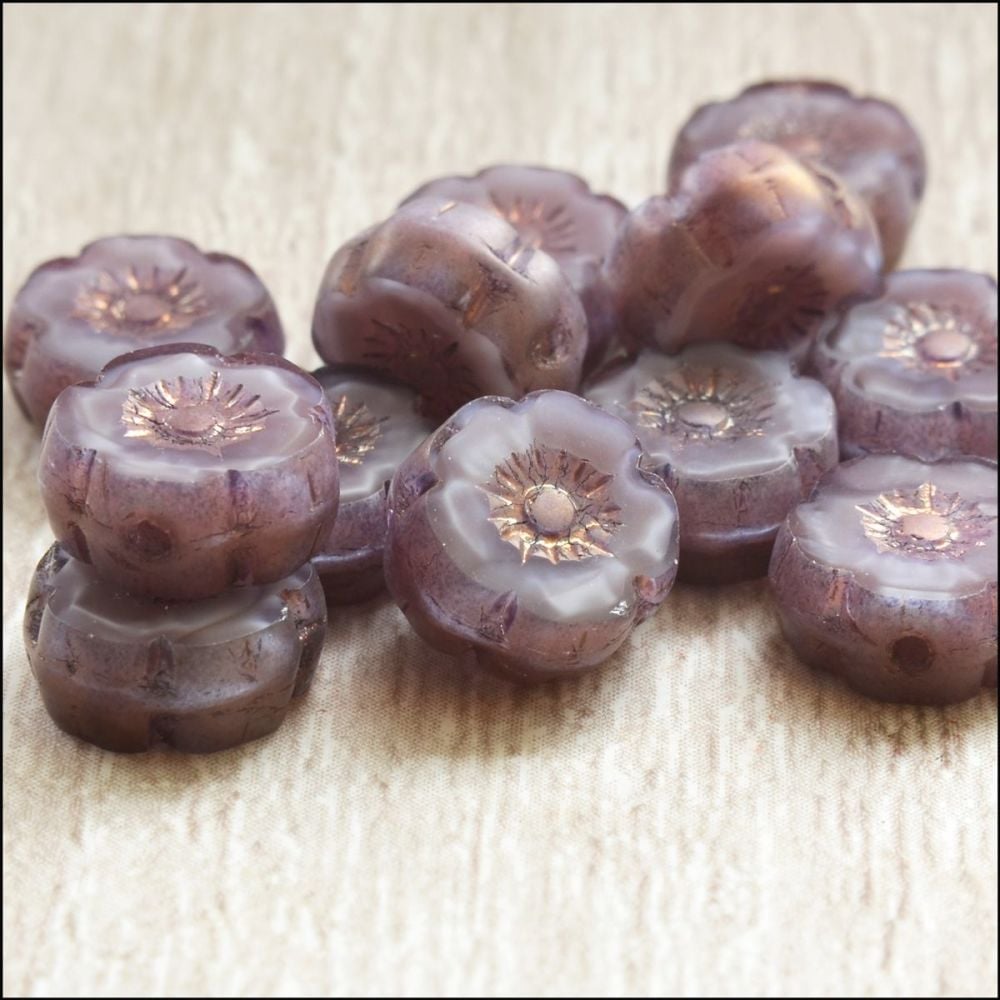 Mini Czech Table Cut Picasso Flower Beads - Opaque Purple - 8mm