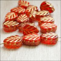 Czech Glass Pressed Leaf Beads 10mm x 8mm Red Mix