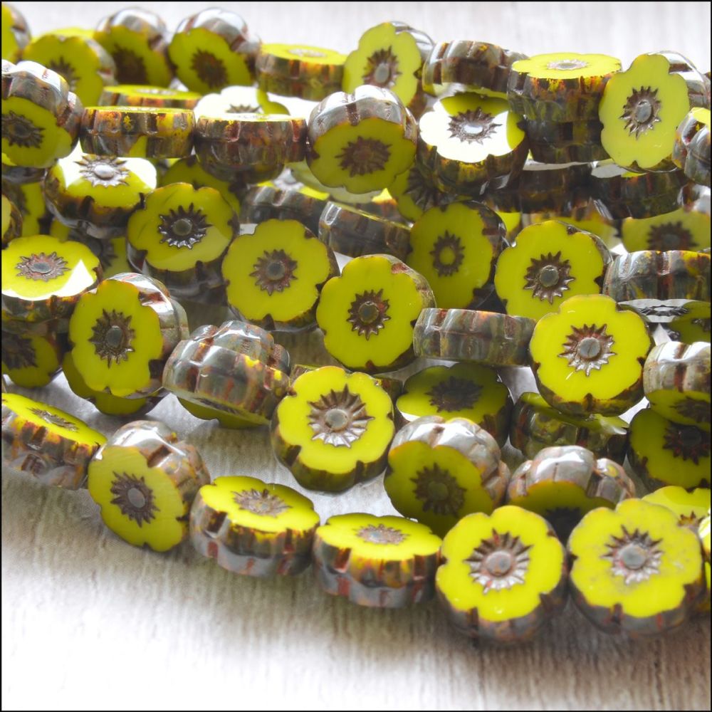 Mini Czech Table Cut Picasso Flower Beads -Lime- 8mm