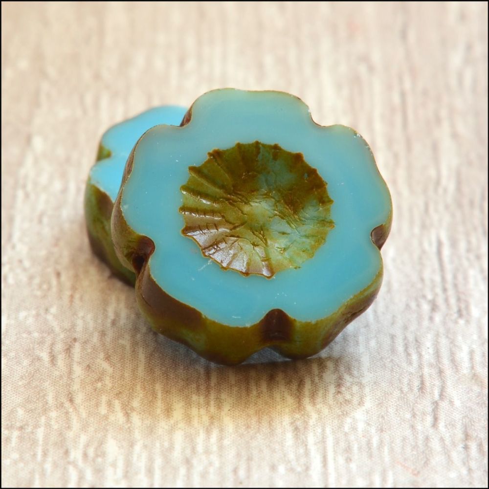 Czech Glass Table Cut Picasso Flower Beads Opaque Turquoise