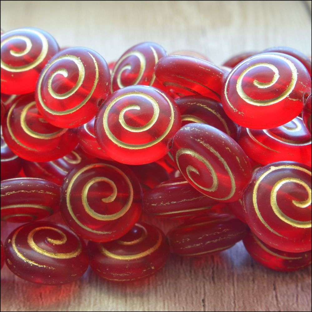Czech Glass Spiral Coin Beads - Red  13mm