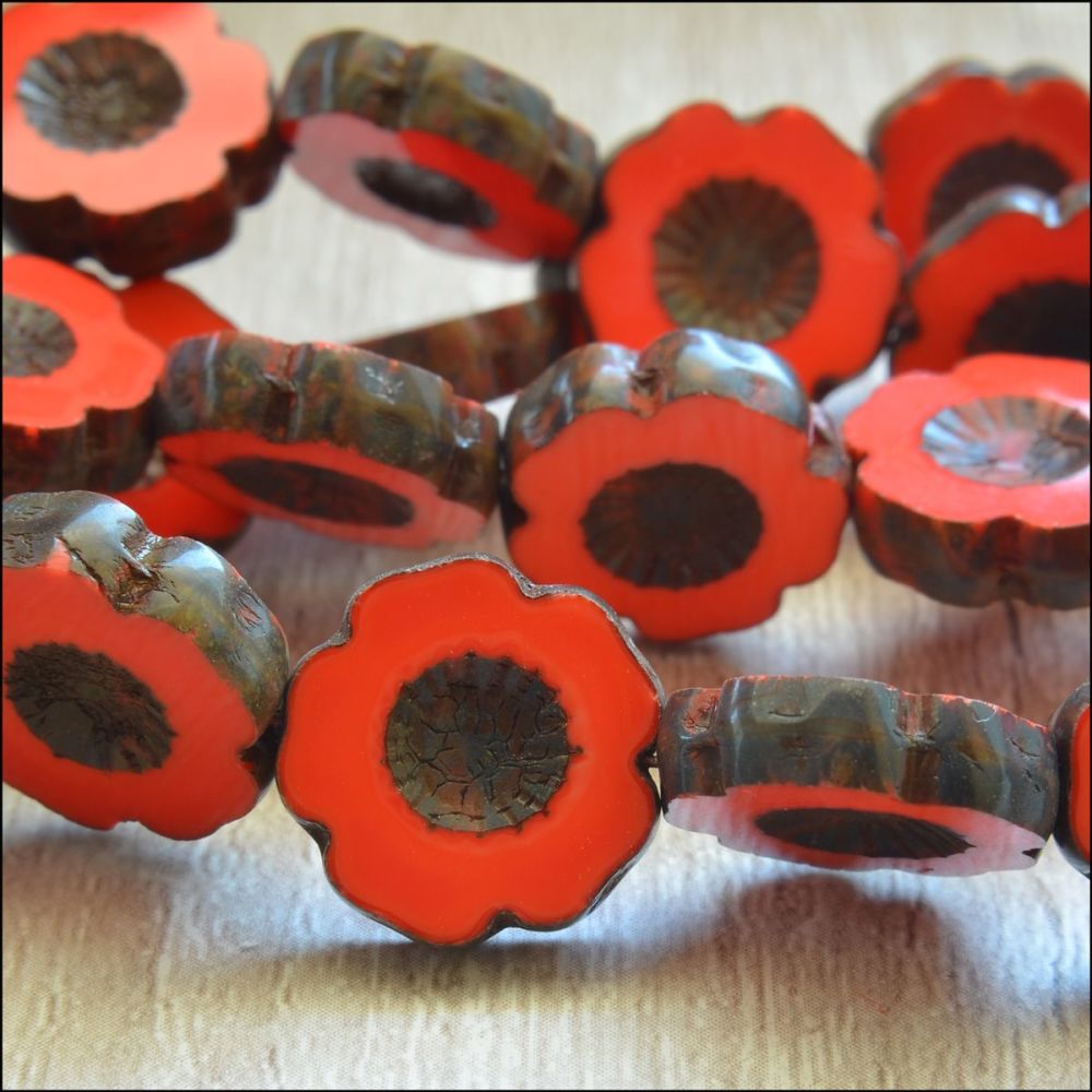  14mm Czech Glass Table Cut Flower Beads - Red