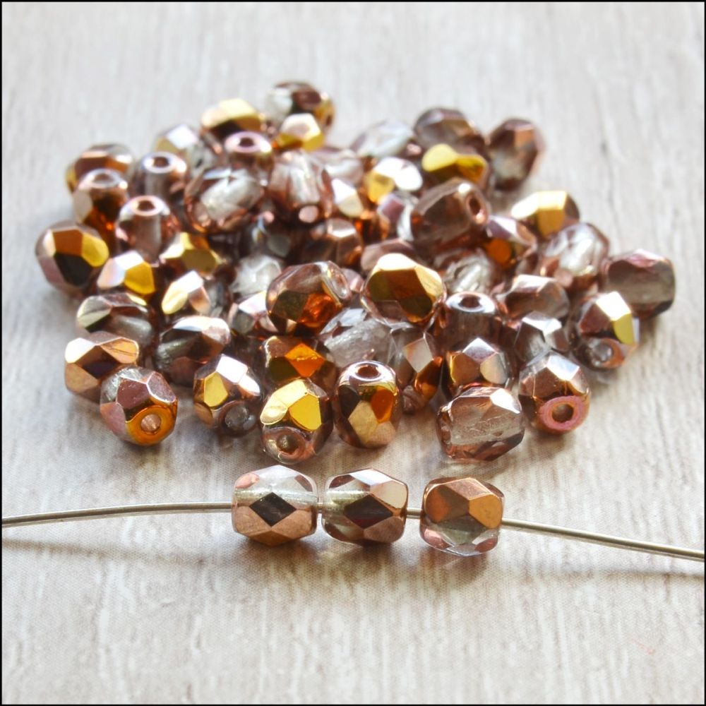 Czech Glass Faceted Fire Polished Beads 4mm Light Brown Gold