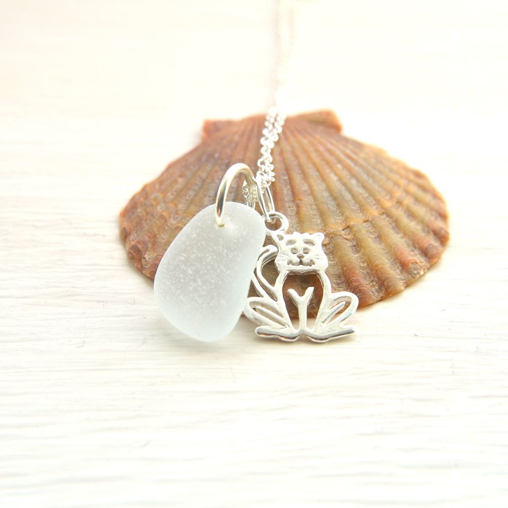White Sea Glass And Sterling Silver Charm Necklace