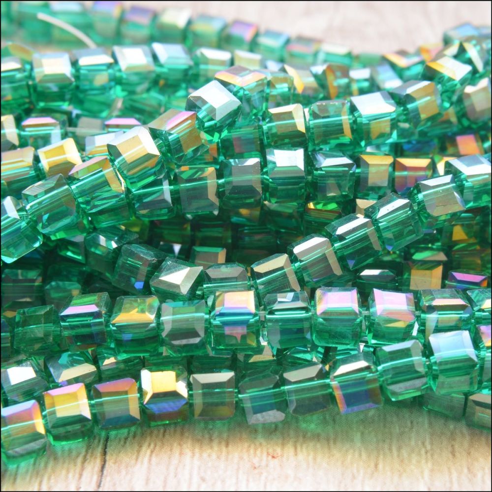 4mm Faceted Glass Cube Beads - Green AB