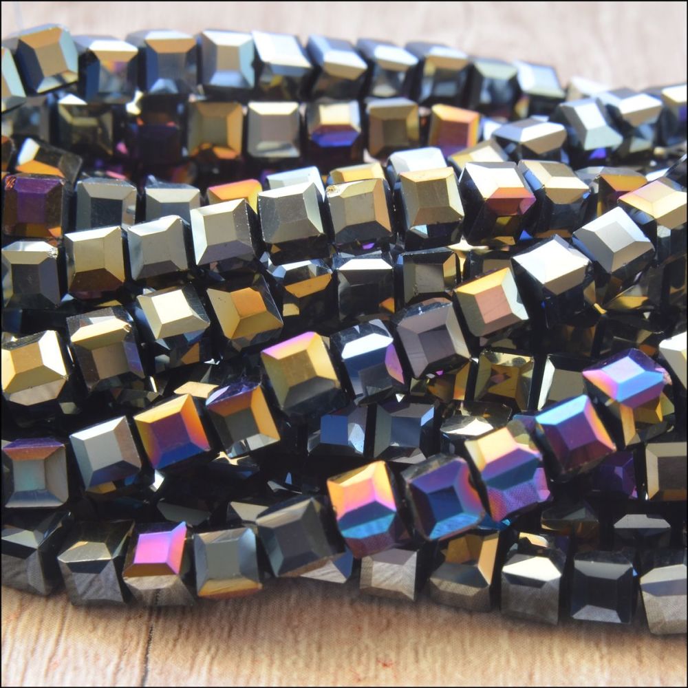 4mm Faceted Glass Cube Beads - Black AB