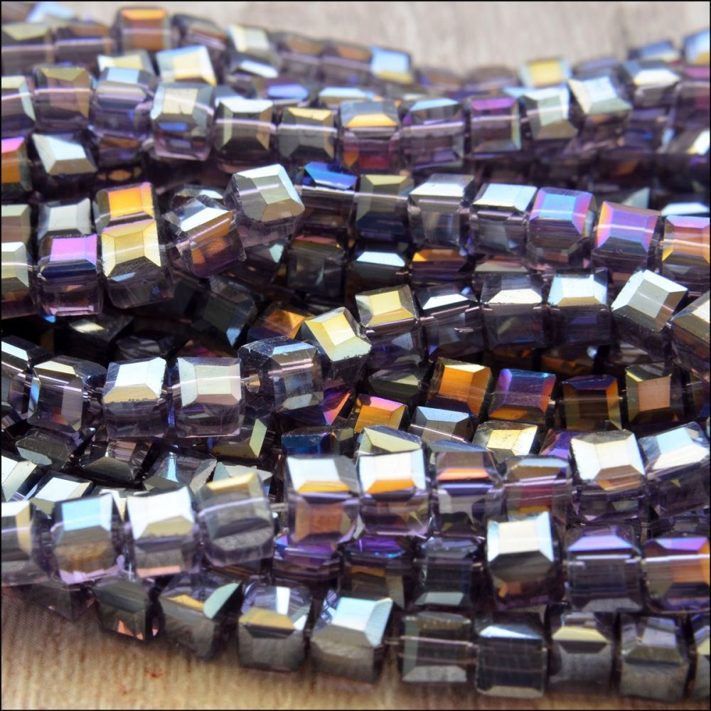 4mm Faceted Glass Cube Beads - Purple AB