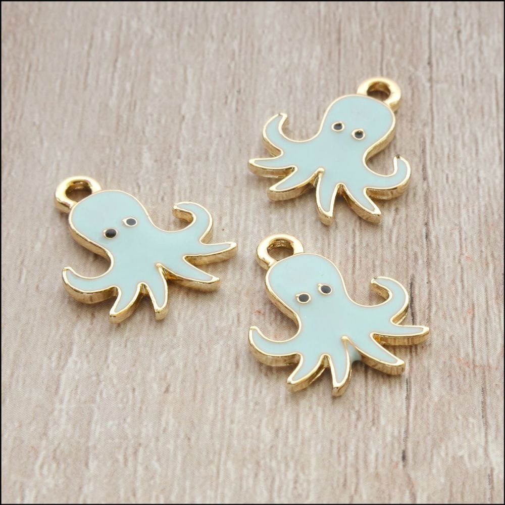 Light Gold Enamel Octopus Charms - Pale Blue