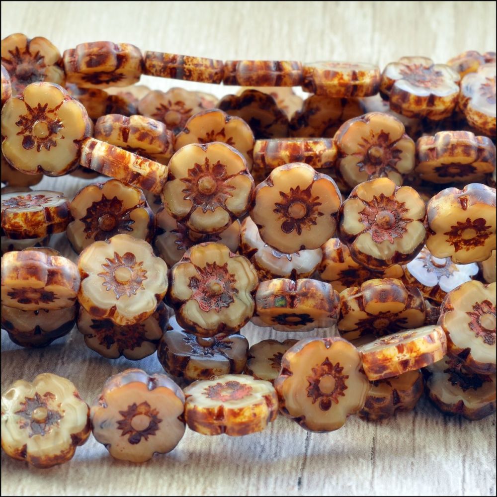 Mini Czech Table Cut Picasso Flower Beads - Coffee- 8mm