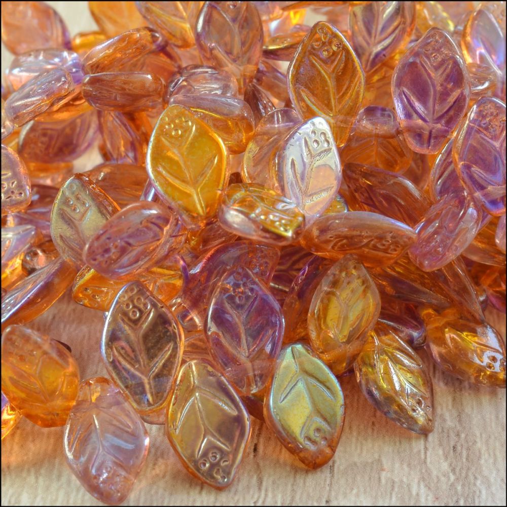 Czech Glass Pressed Leaf Beads Purple & Gold AB Mix
