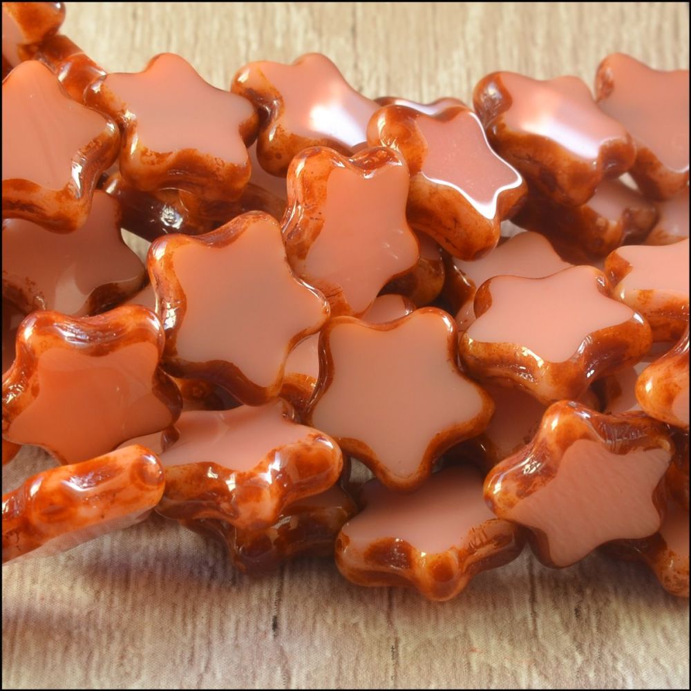 12mm Czech Glass Table Cut Star Beads  Opaque Pink