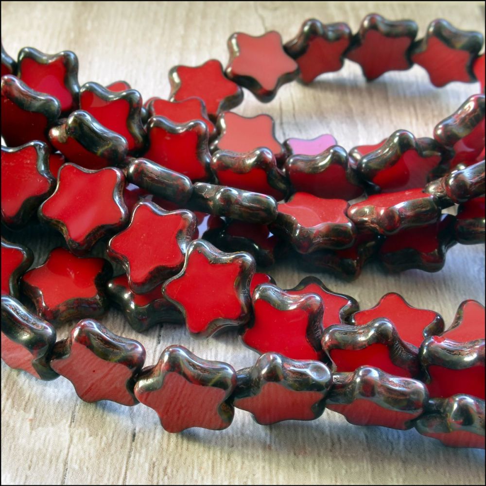 12mm Czech Glass Table Cut Star Beads  Opaque Red