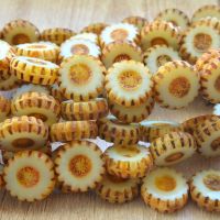 12mm Czech Glass Picasso Table Cut  Flower Beads -  Ivory  